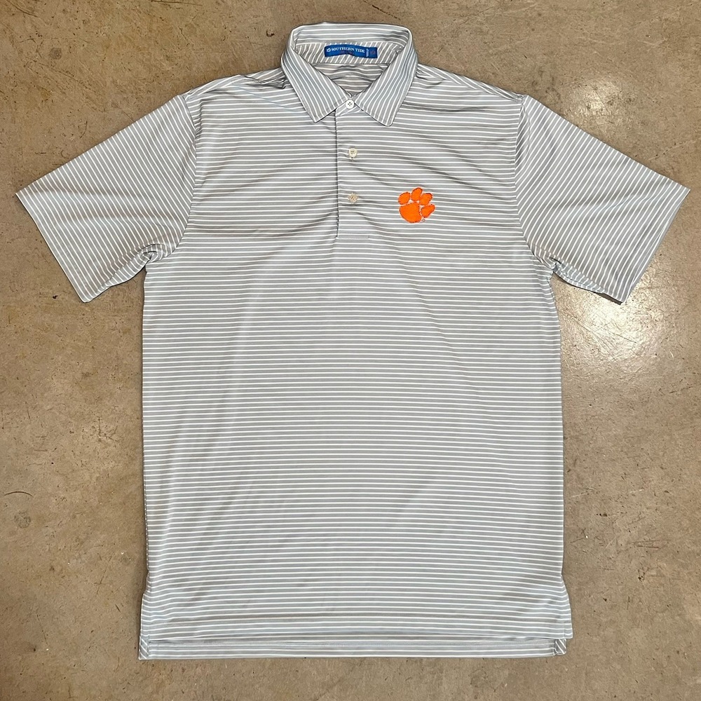Southern Tide Polo Shirt Men Medium Gray Clemson Tigers Golf Performance Striped